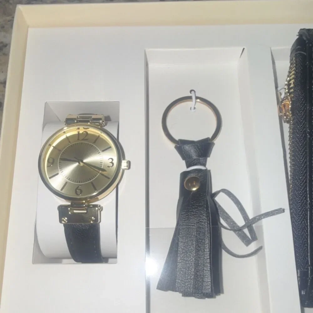 Women's Gold Tone Dress Watch, Black Leather Band, Keychain & Card Wallet Set